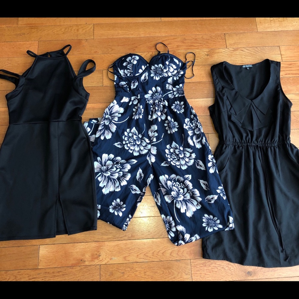 1 floral pant jumpsuit and two black dresses